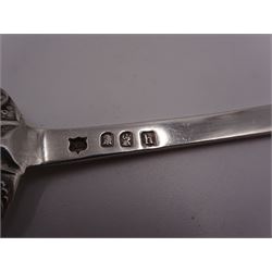 Five Irish silver spoons, comprising Old English pattern table spoon, hallmarked Dublin 1799, maker's mark JK, pair of George IV Fiddle pattern teaspoons, hallmarked James Scott, Dublin 1824 and two other Fiddle pattern teaspoons, the first example hallmarked Dublin 1837 and the second example hallmarked Dublin 1827, both maker's marks worn and indistinct, together with an early 20th century Britannia Standard silver teaspoon, with beaded scroll decoration and rattail bowl, hallmarked Thomas Bradbury & Sons, London 1903