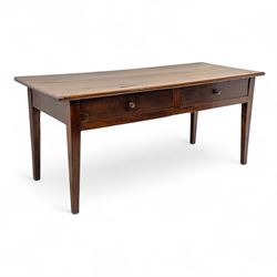 19th century provincial elm and oak farmhouse table, rectangular plank top above two friez...