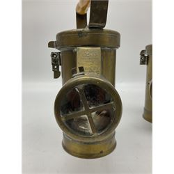 Pair of miners lamps, The Ceag Inspection Lamp, by Ceag Ltd, Barnsley, Yorks, 309721/28, brass body,  with turned wooden handles, H24cm