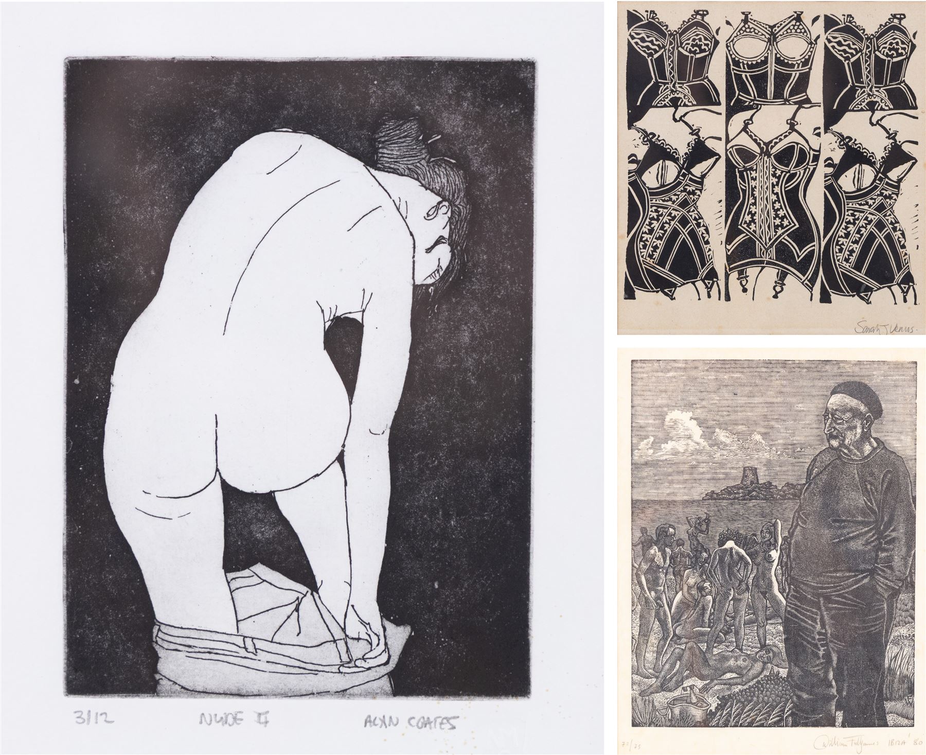 Alan Coates (British Contemporary): 'Nude 4', limited edition etching No.3/12 signed and titled 20cm x 14cm; Sarah J Venus (British Contemporary): Corsets, lino cut 21cm x 19cm; William 