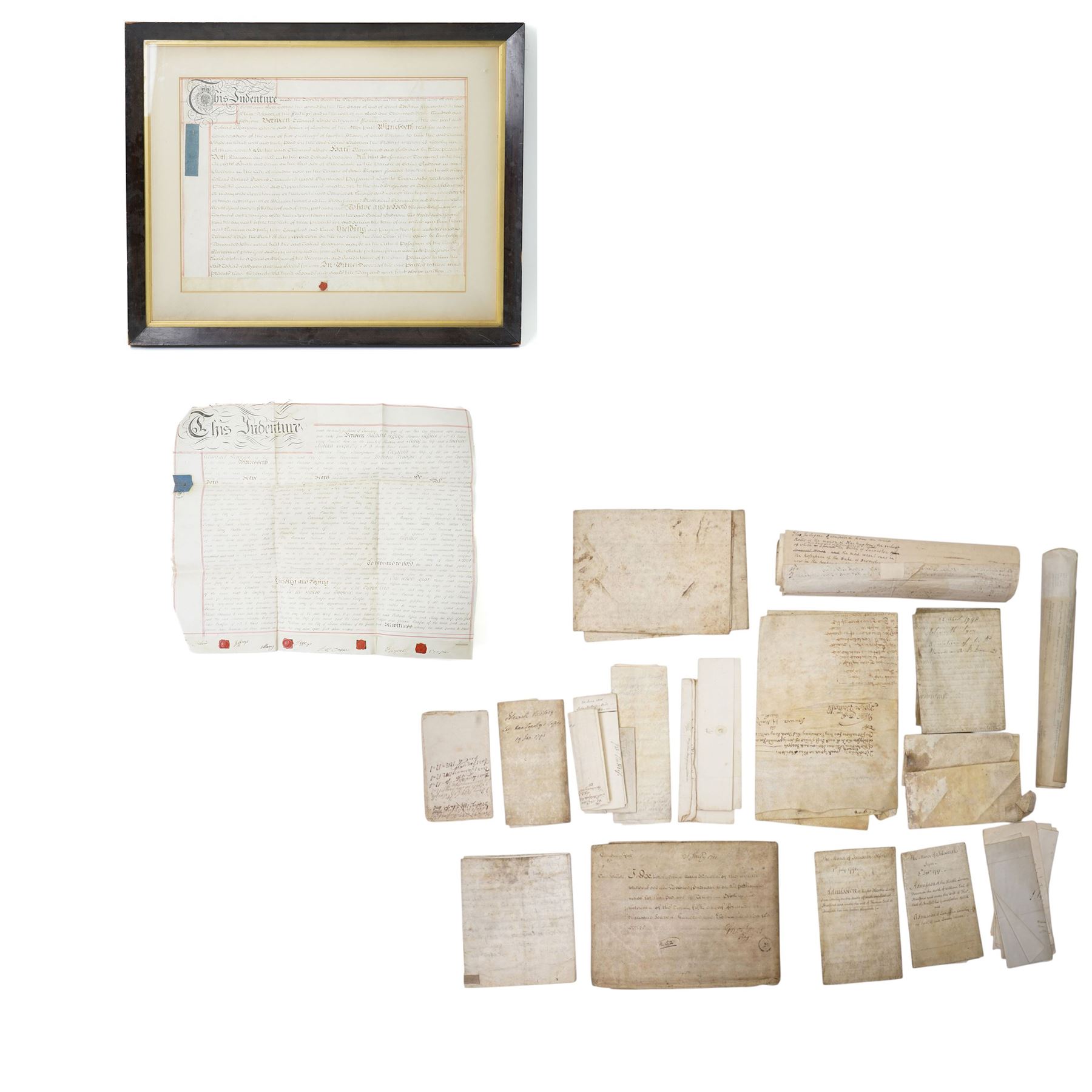 18th century Indenture between Thomas Hyde and Tobias Hodgson of London, framed 37cm x 48cm, 18th century Admission of Rt. Hon. Lady Ann Conolly, the Manor of Isleworth, July 1791, Queen Anne indenture and various others