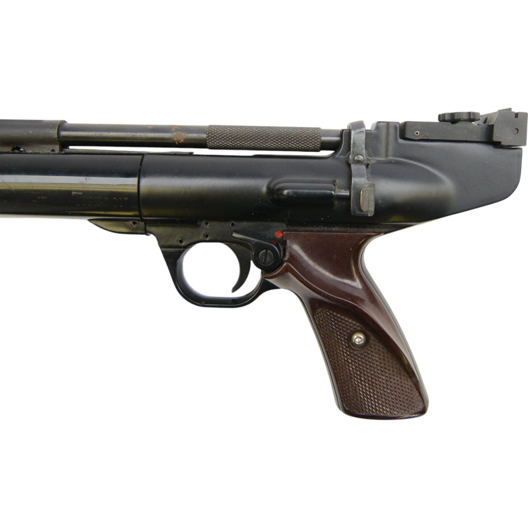 Webley Typhoon .22 air pistol, the chamber marked 'Typhoon' and 'Webley & Scott Ltd. Birmingham England' beneath, with front hooded sight and brown checkered grip, H16cm, L28cm