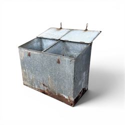 Early 20th century galvanised two division feed bin, sloped top