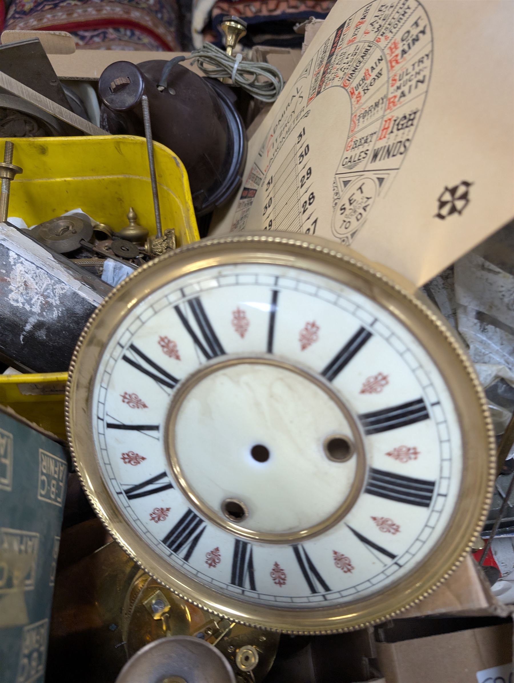 Collection of clock parts and accessories, including movement, faces, dials, tools, brass fittings, etc, in three boxes