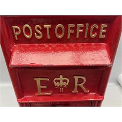 Reproduction red painted cast iron postbox, H59cm, with two keys, H57cm