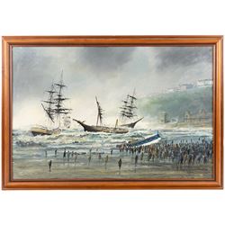 Robert Sheader (British 20th Century): Scarborough Beach, oil on board signed 50cm x 75cm 