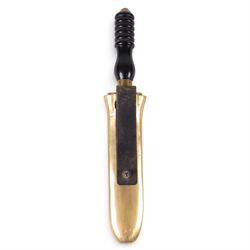 1930s German diver's knife by Siebe Gorman & Co, with double edged 20cm blade, brass crossguard and turned Bakelite handle, housed within brass scabbard with leather belt-loop