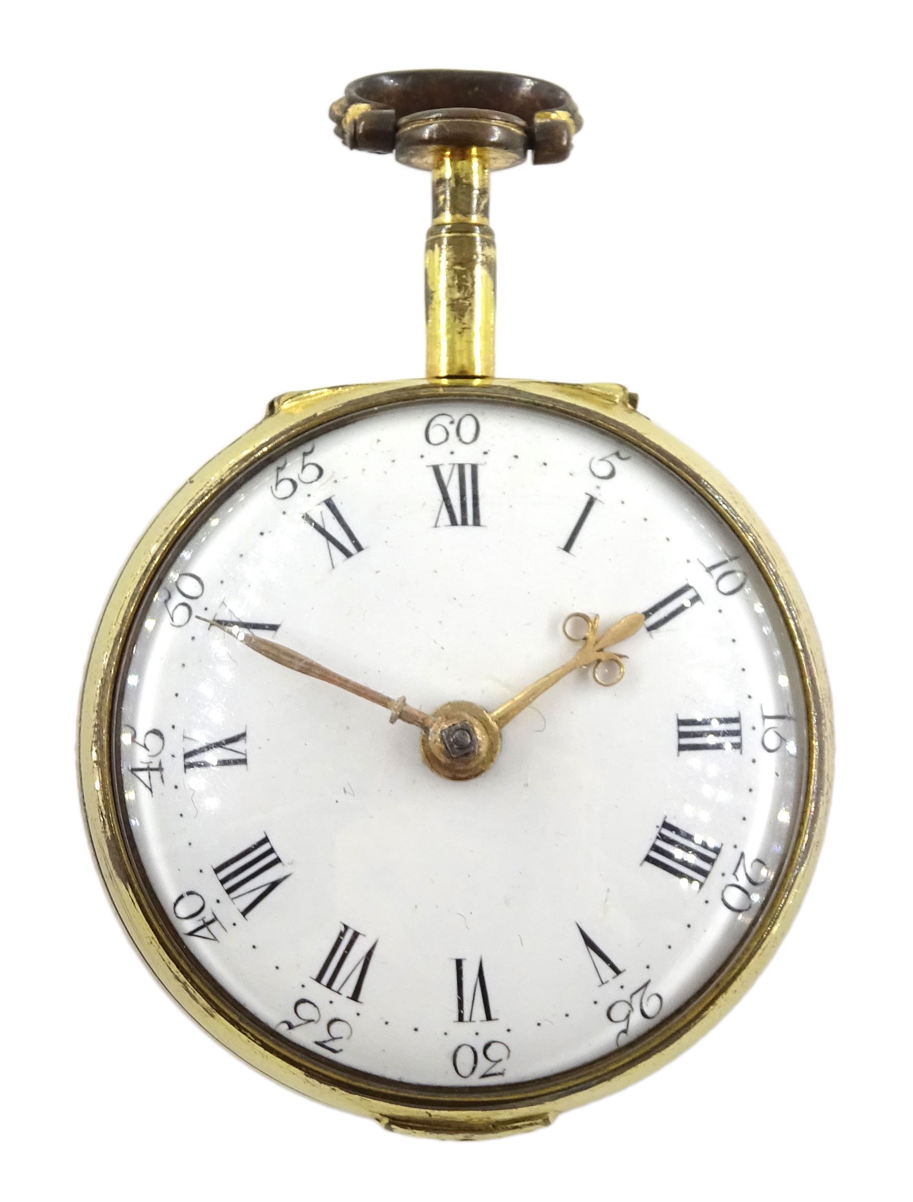 18th century gilt pair cased verge fusee pocket watch by Robert Hyland, London, No. 13345, round baluster pillars, pierced and engraved balance cock, white enamel dial with Roman hours and outer Arabic minute ring, beetle and poker hands, the outer tortoiseshell case with pique work borders