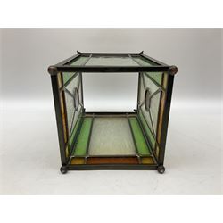 Arts and Crafts style leaded glass lantern, with clear and stained geometric glass panels, lantern H30.5cm L19cm
