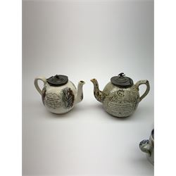 A group of 19th century ceramics, comprising agateware teapot with pewter cover, the body detailed with verse, a further example detailed A Present from Blackpool, large Wedgwood best composition mortar, two copper lustre jugs and a small cup, floral print decorated jug possibly Don Pottery, Gaudy Welsh jug, floral painted mug, Staffordshire nursery plate, teapot, and teacup and saucer, reticulated chestnut basket, Staffordshire bough group, plus a later Staffordshire style dog. (9). 