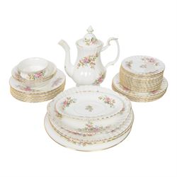 Royal Albert Moss Rose tea and dinner wares, including teapot, coffee pot, fourteen cups and saucers, milk jug, open sucrier etc  