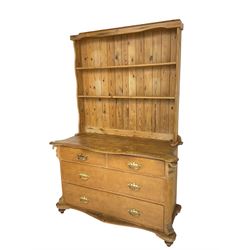 19th century and later pine farmhouse dresser, two-tier plate rack, base with serpentine edge, fitted with two short over two long drawers, on turned feet