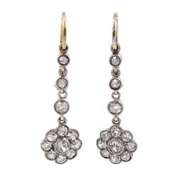 Pair of early 20th century gold and silver milgrain set old cut diamond cluster pendant earrings, total diamond weight approx 1.00 carat