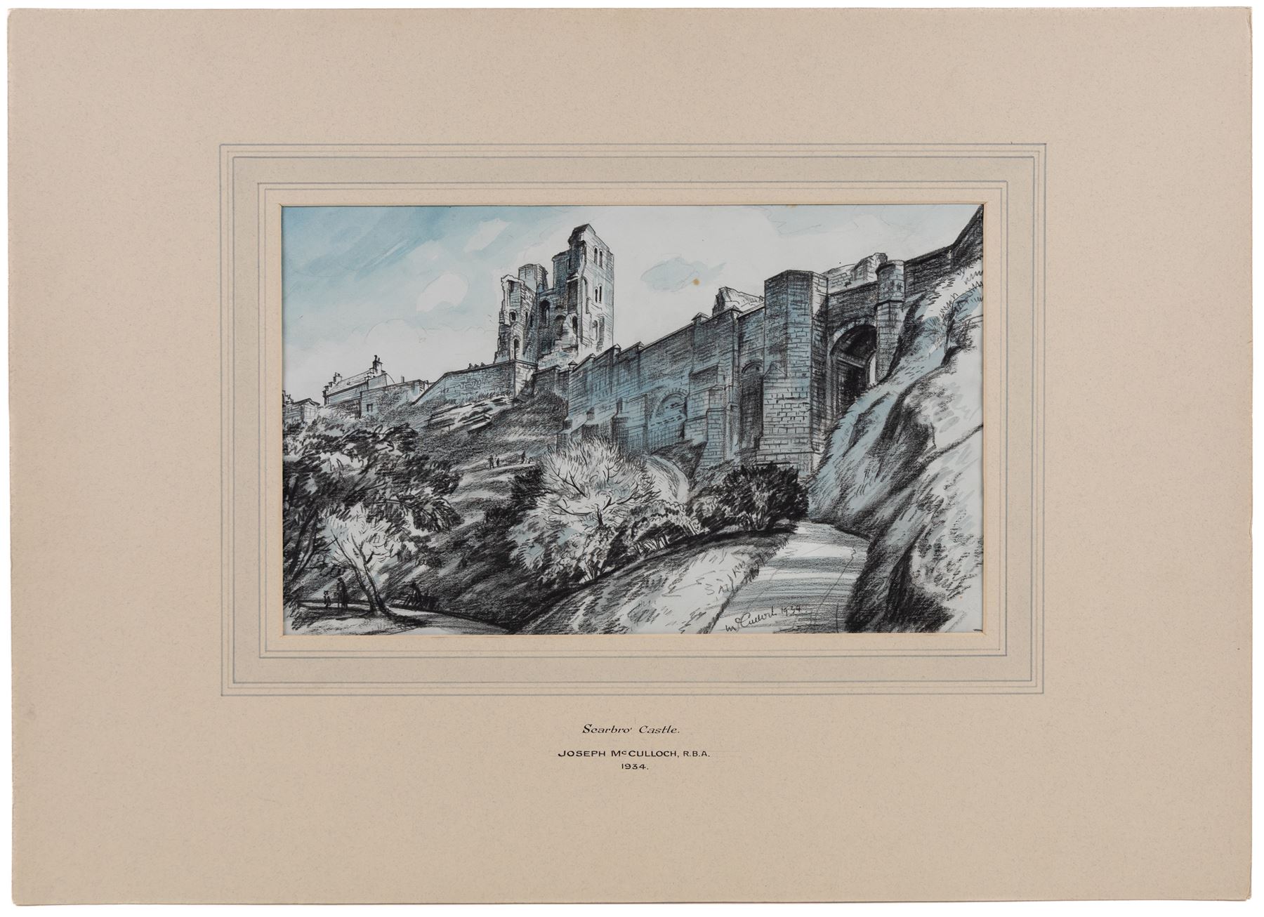 Joseph Ridley Ratcliffe McCulloch RBA (British 1893-1961): Collection of locations across North Yorkshire including 'Scarboro' Castle' and 'Whitby', five mixed media signed dated and titled max 19.5cm x 31.5cm (5) (unframed)