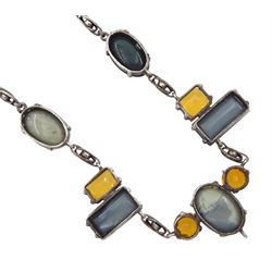Silver opal doublet and orange paste stone abstract necklace, with flower clasp, the opals mounted onto mixed stones and a similar brooch