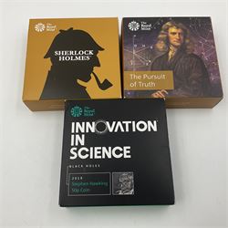 Three The Royal Mint United Kingdom silver proof piedfort fifty pence coins, comprising 2017 'Sir Isaac Newton', 2019 'A Celebration of Sherlock Holmes' and 'Celebrating the Life of Stephen Hawking', all cased with certificates 