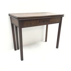  Georgian mahogany fold-over card table, single drawer, square reeded supports, W92cm, H73cm, D90cm  
