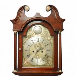 Samuell Hollyar of London - mid-18th century, figured mahogany Longcase clock with a swan neck pediment and brass parterre, with glass panels to the sides and reeded pilaster flanking the hood door, conforming recessed pillars to the trunk and a wavy toped door with  inlay, square plinth raised on bracket feet, With a brass dial with cast spandrels and makers name to the arch, matted dial centre with steel hands, seconds dial and date aperture, silvered chapter with Roman numerals, five minute Arabic's, minute and inner quarter hour tracks, dial pinned to an 8-day rack striking movement, sounding the hours on a bell. With weights and pendulum.
Samuel Hollyar is recorded as being apprenticed in London in 1683 and a member of the clockmakers company 1705-20.