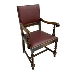 Mid-20th century set seven (6+1) oak barley twist dining chairs, upholstered back and drop in seat, on spiral turned front supports joined by H-shaped stretchers