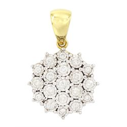18ct white and yellow gold diamond cluster pendant, nineteen illusion set round brilliant ...