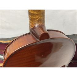 German trade violin 1950s with 36cm two-piece maple back and ribs and spruce top, bears label 'Johann Stainer in Absam prope Oenipontum 1650' L59cm; in carrying case with bow impressed Tourte