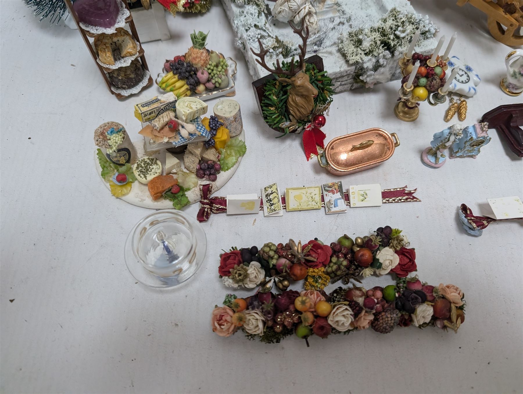 Dolls house conservatory and garden accessories, including sofa and chairs, trees, plants, paintings, Christmas decorations, etc 