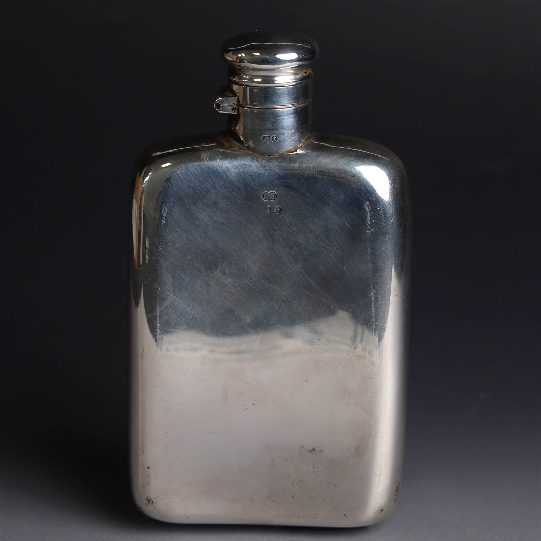 Late Victorian silver hip flask, of typical rectangular form, engraved with Royal Inniskilling Fusiliers crest to front, hallmarked Birmingham 1893, maker's mark worn and indistinct, H14cm