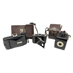 Bilora Boy Box Camera, with leather case, together with Zeiss Ikonta folding camera and another similar example 