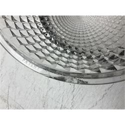 Edwardian glass holophane ceiling light, the domed bowl shade suspended in circular brass frame by three chains, stamped Crystal Bowl Holophane 8424, patent no 1796, 1910 on the inside rim, D35cm