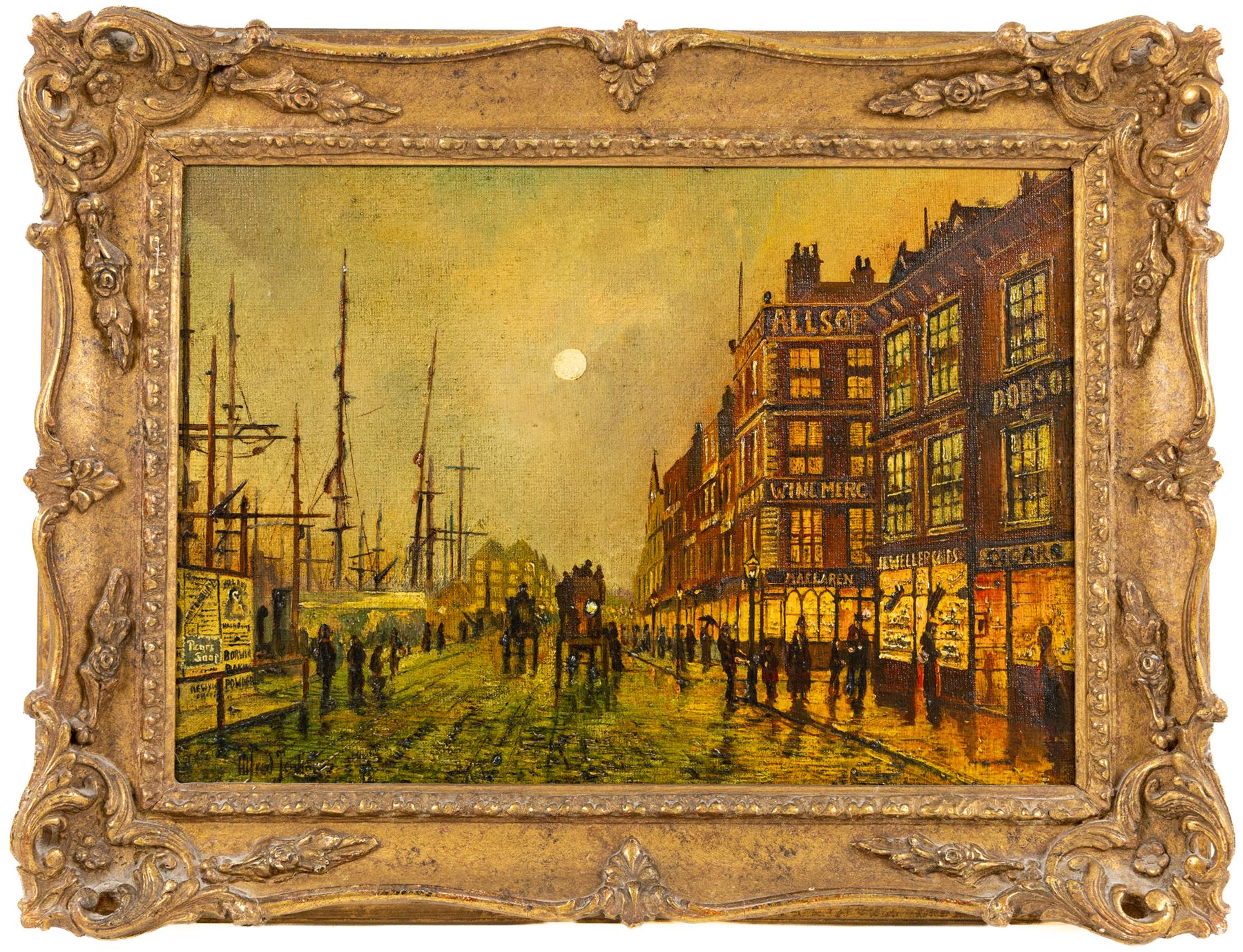 Wilfred Bosworth Jenkins (British 1857-1936): Liverpool Quay by Moonlight, oil on board signed 24cm x 35cm 
Notes: the composition is borrowed from Jon Atkinson Grimshaw's painting of the same title, now in the Tate Britain collection; Jenkins was a pupil of Grimshaw.