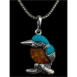 Silver Baltic amber and turquoise kingfisher pendant necklace, boxed