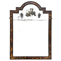 Late 19th century tortoiseshell framed wall mirror, double stepped arch pediment, decorated with Japanese figures and potted plants, bevelled glass plates surrounded by moulded slips