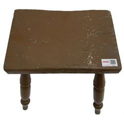 19th century elm footstool, rectangular top on four turned and splayed supports, brown paint finish 