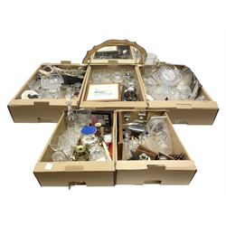 Silver-plated metal ware to include Walker & Hall, glassware to include decanter and drinking glasses, ceramics, mirror, framed watercolour, framed print etc in five boxes
