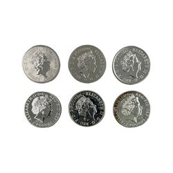 Six Queen Elizabeth II one ounce fine silver two pound coins, including 2015 'Year of the Sheep', 2018 'Year of the Dog', 2019 'Year of the Pig' etc