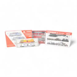 Fleischmann 'N' gauge rolling stock, comprising 8599 90 Ton Breakdown Crane, 825201 Cross Rail 3 Wagon Set, 837301 SBB Cargo 3 Sliding Wall Wagon Set, 8252K Cargo Domino wagons and 868250K DHL wagons, all boxed
