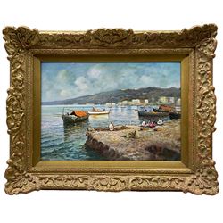V* P* (Italian 20th century): The Amalfi Coast, oil on panel indistinctly signed 24cm x 33cm