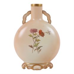 Royal Worcester Blush Ivory Moon Flask, decorated with floral sprigs, with gilt handles, puce mark beneath, H22cm