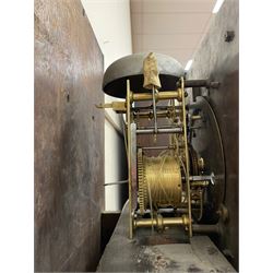 William & Mary floral marquetry 8-day longcase clock c 1700, later mid-18th century four pillar rack striking movement with a square brass dial and subsidiary seconds dial, ringed winding holes and calendar aperture to the matted dial centre, with London cherub head cast spandrels and (later) fretted steel hands, silvered Roman numeral chapter ring with stylised fleur di Lis half hour makers, narrow Arabic five-minutes, minute track and inner quarter hour track, signed Thomas Horlock, Hammersmith, 
case with box upstand to the domed floral marquetry decorated caddy with three brass flame finials, above a moulded cornice and fretwork frieze,  inlaid hood door with attached barley twist pillars to the front above an inlaid convex moulding, full length D moulded trunk door with a circular lenticle inlaid with floral and foliage panels inhabited with birds, on a conforming marquetry plinth with applied double skirting. Thomas Horlock is recorded as a Whitesmith & Clockmaker of Hammersmith, Middlesex.
A copy of Thomas Horlock's will dated the 15th June 1757 is held at The National  Archives Kew.