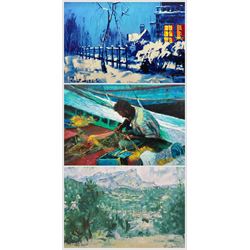 Rolf Harris (Australian 1930-): 'Mending the Nets' 'Mont Sainte Victoire - Homage to Cezanne' and 'Christmas Eve in the Snow', three limited edition giclee prints signed and numbered 53/295, 206/295 and 145/196, max 44cm x 60cm (3)