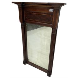Regency design mahogany pier glass mirror, crossbanded frieze with satinwood stringing, rectangular played flanked by fluted columns with roundel bases