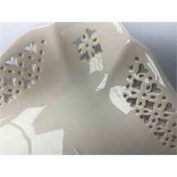 Collection of Harley Greens & co Leeds pottery creamware, including two candle sticks H14.5cm, two twin handled bowls, three plates, square tray and lidded bowl. 