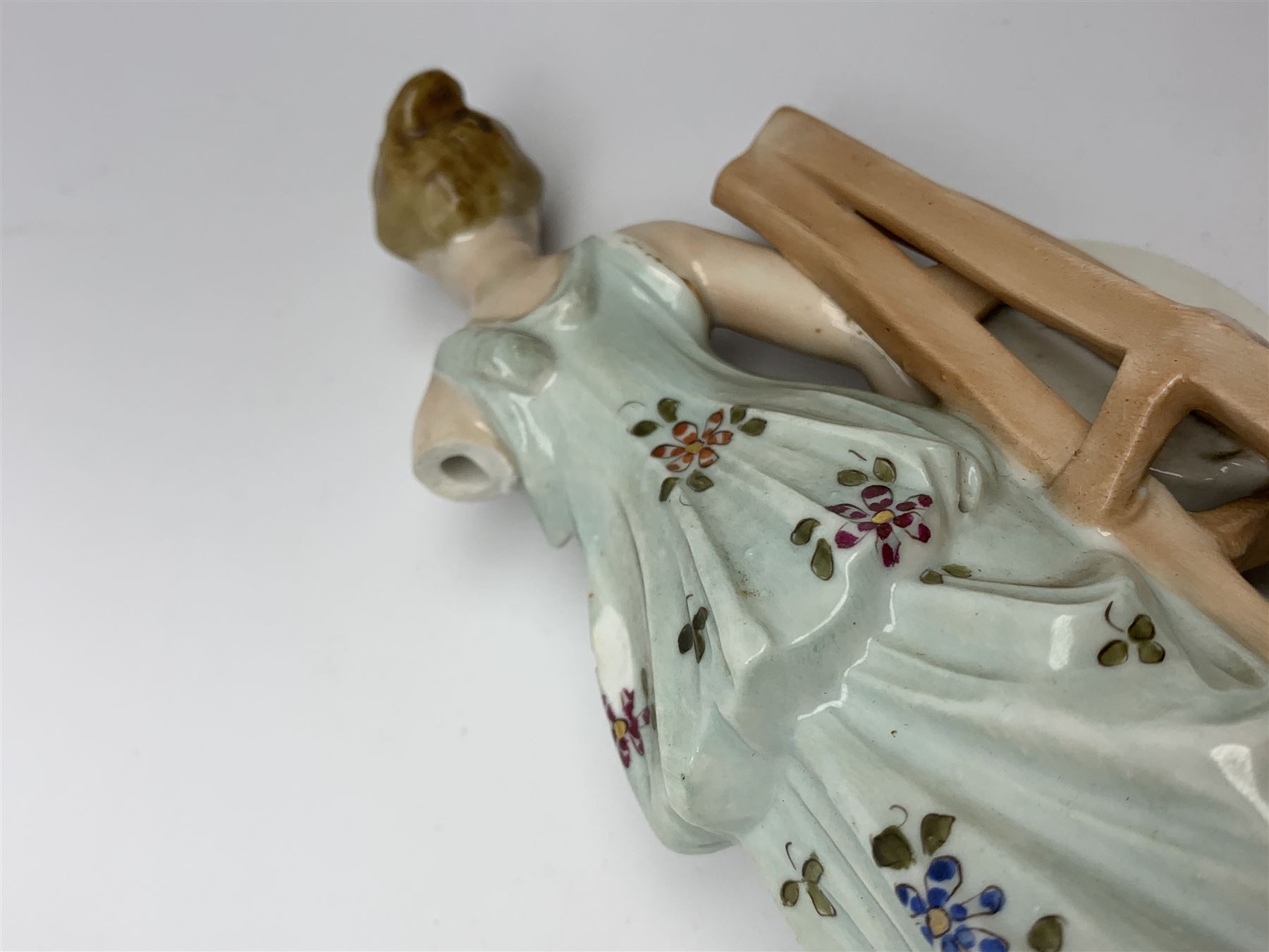 A group of five Continental figurines modelled as the arts, emblematic of music, painting, sculpture, literature, and theatre, each with spurious blue cross mark beneath, H22.5cm. (5). 