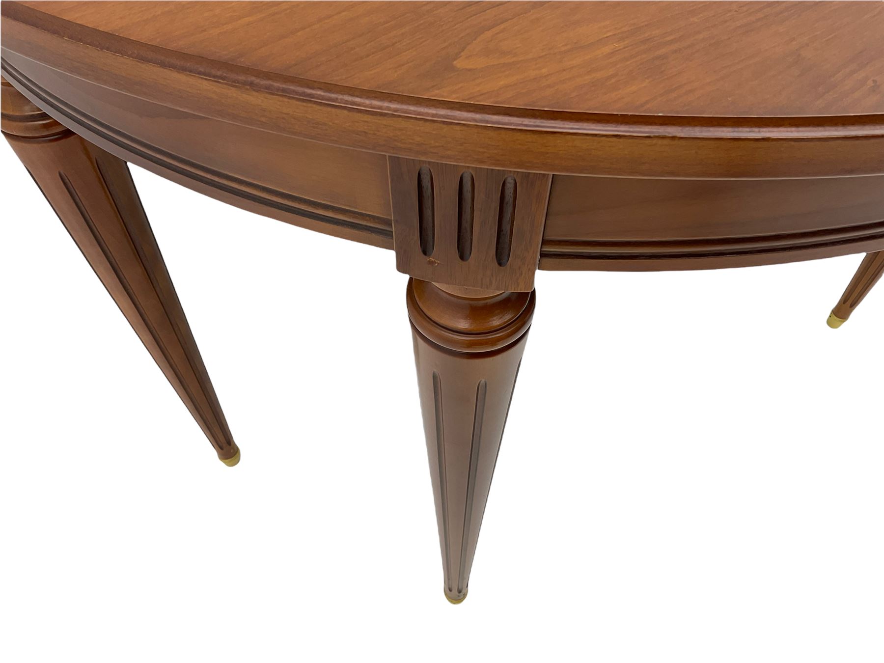 Contemporary cherry wood demi-lune console table, on tapering turned supports with fluting