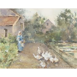Edward Arthur Walton (Scottish 1860-1922): Girl Feeding the Ducks, watercolour heightened with white signed 20cm x 27cm 