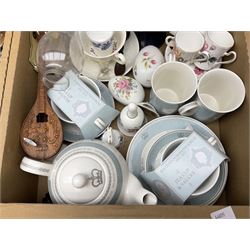 Two silver rings and quantity of ceramics and glassware to include Mason's Ironstone jug, brass oil lamp, tea wares, figures. other costume jewellery and misc etc in four boxes