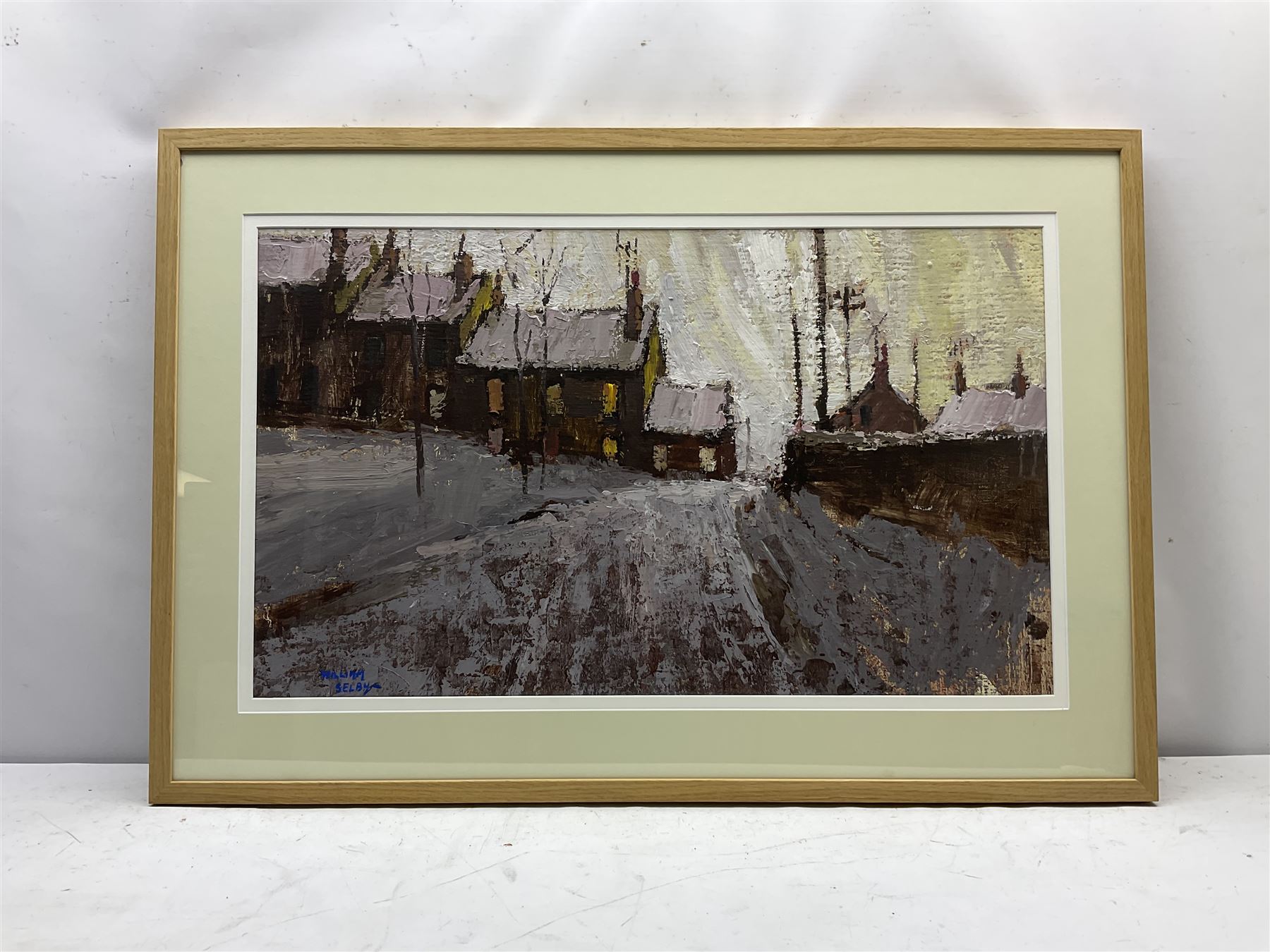 William Selby (Northern British 1933-): 'Cottages at Gunnerside' in Swaledale, oil on board signed 45cm x 76cm