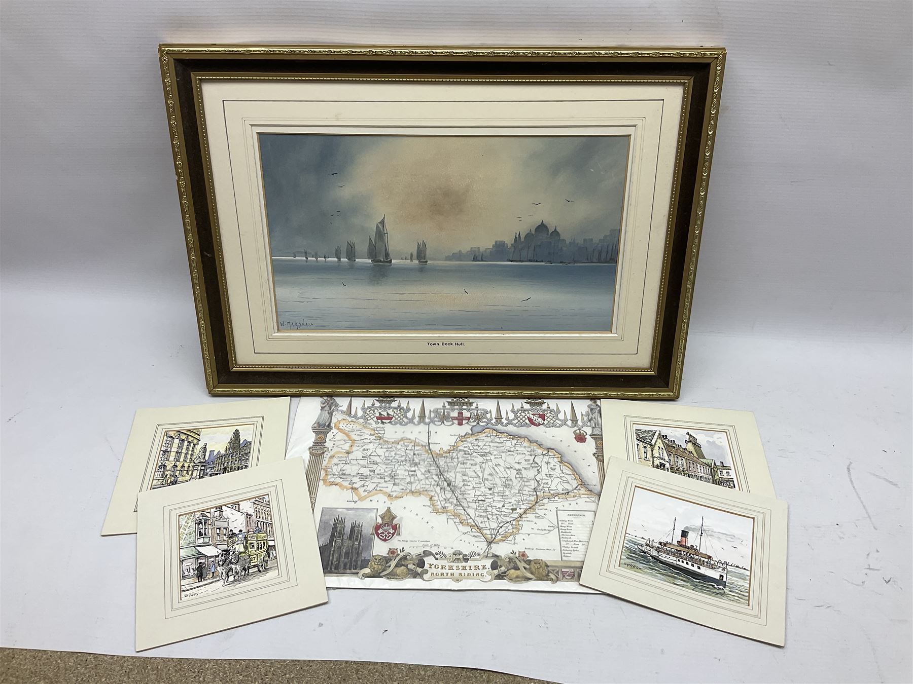 W. Marshall (20th century) - Town Dock Hull; watercolour; gilt frame; two Amy Johnson enamelled brooches as aircraft and Amy Johnson medallion; and quantity of books and booklets of Hull interest