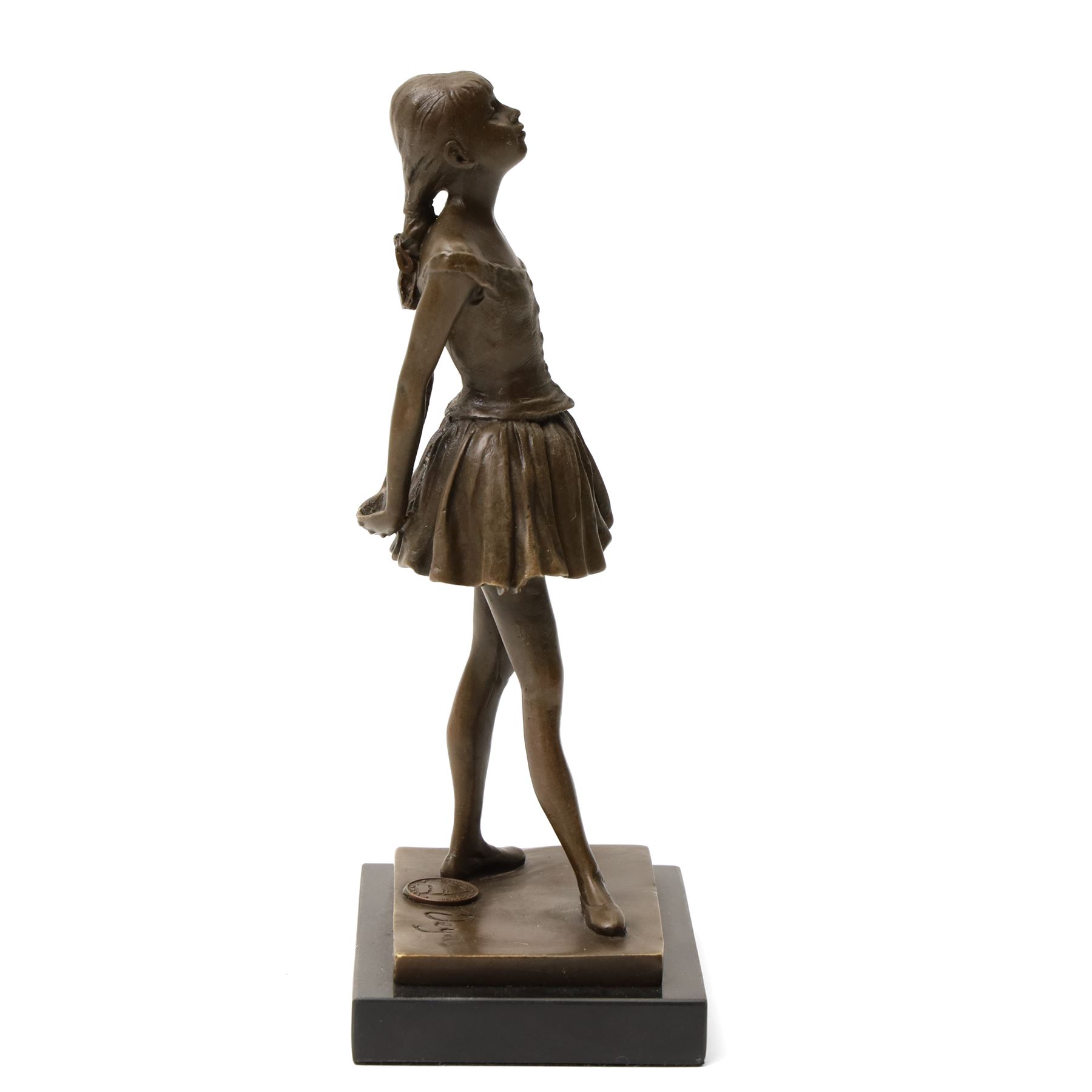 After Edgar Degas (French 1834-1917): La Petite Danseuse de Quatorze Ans, small bronze figure modelled as a young female dancer, bearing signature and with foundry mark, raised upon a rectangular base, H18.5cm