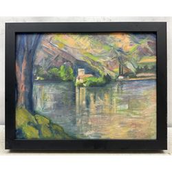 After Paul Cézanne (French 1839-1906): 'The Lac d'Annecy', 20th century oil on canvas indistinctly signed and dated 2019, 29cm x 39cm 